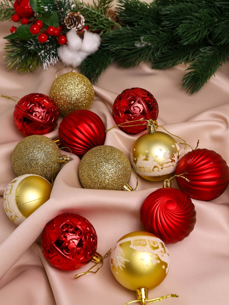 Игрушка елочная Шар d6см набор 12шт Новогоднее ассорти красный/золото Игрушка елочная Шар d6см набор 12шт Новогоднее ассорти красный/золото