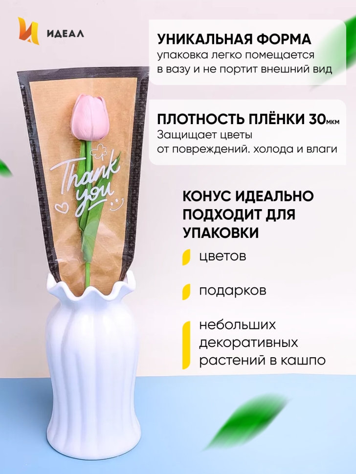 Пакет цветочный Конус 12,5х4х40 на 1цветок влагостойкий крафт черный 30шт Пакет цветочный Конус 12,5х4х40 на 1цветок влагостойкий крафт черный 30шт