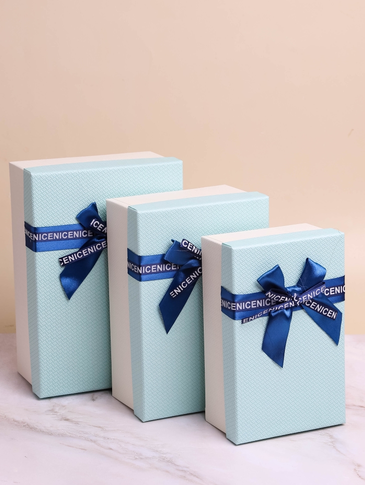 Коробка прямоугольник набор из  3шт 23х16х9см крышка голубая/белый,бант синий