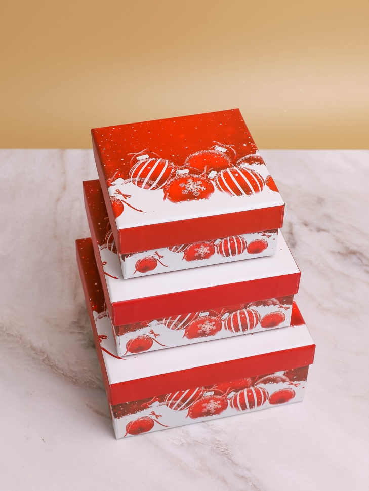 Коробка НГ квадрат набор из 3шт 15х15х6.9см шары красный