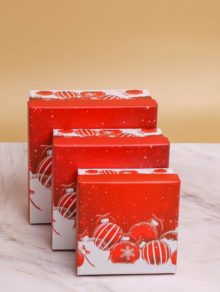 Коробка НГ квадрат набор из 3шт 15х15х6.9см шары красный