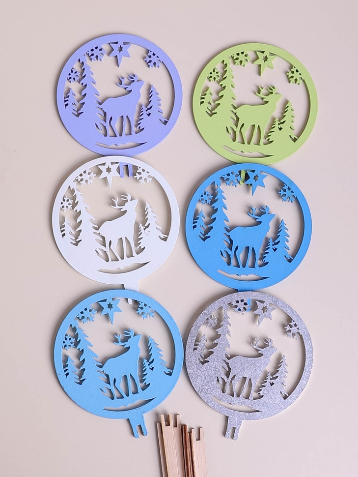 Вставка НГ деревянная 6шт №33 Шар-Олень микс