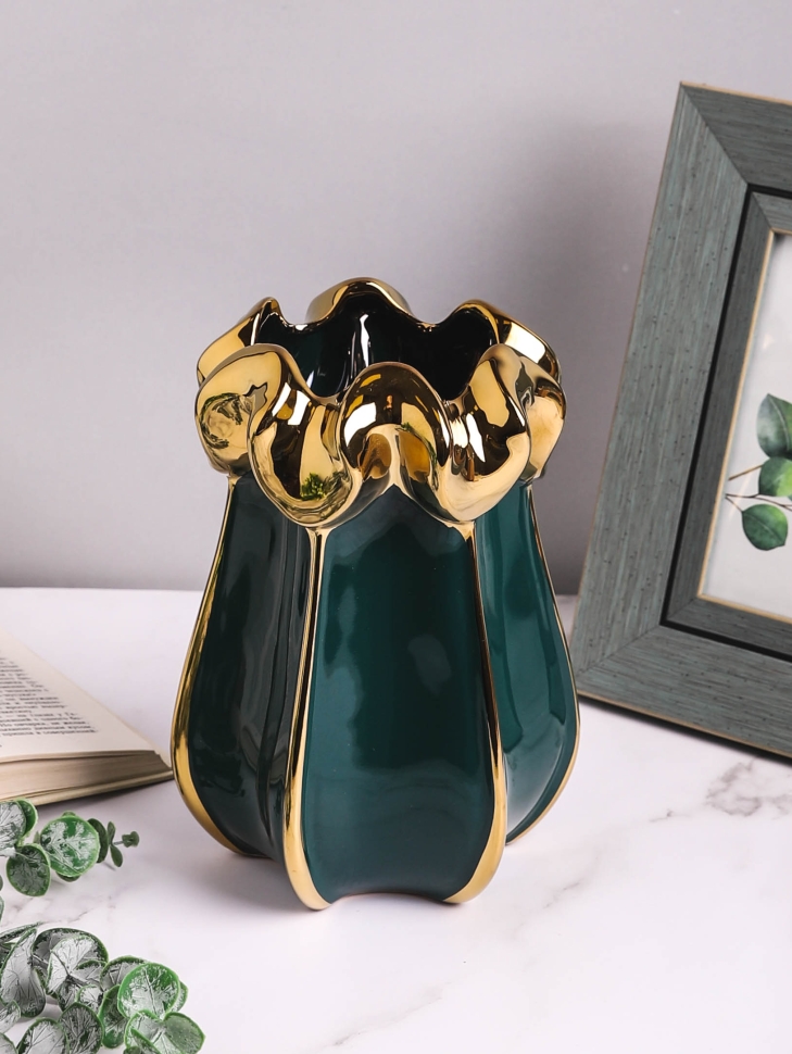 Ваза керамика 20х8см 534M зеленый темный с золотом