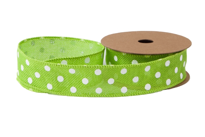 Лента джутовая с проволокой, горох 40мм х 10ярд салатовая