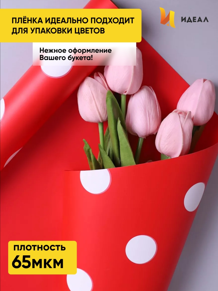 Пленка матовая  65мкм 58см х 10м РЦ горох белый на красном/красный