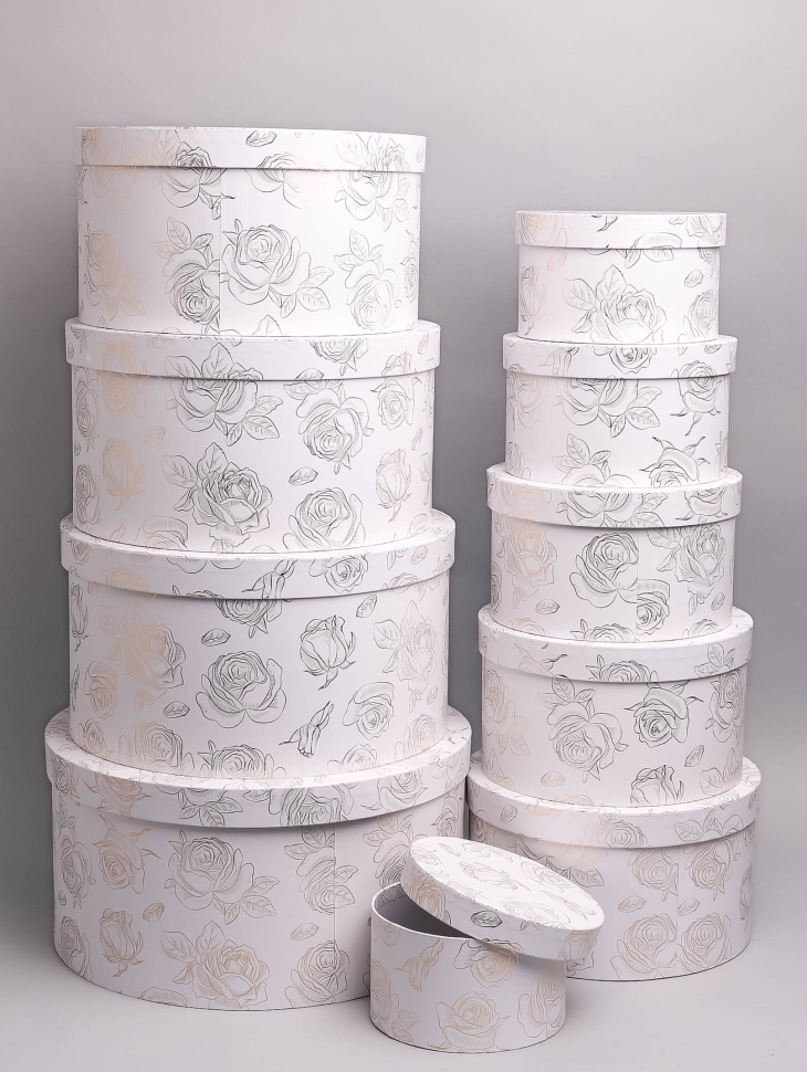 Коробка шляпная набор из 10шт d34.5хh17.5см К916 розы на белом Коробка шляпная набор из 10шт d34.5хh17.5см К916 розы на белом