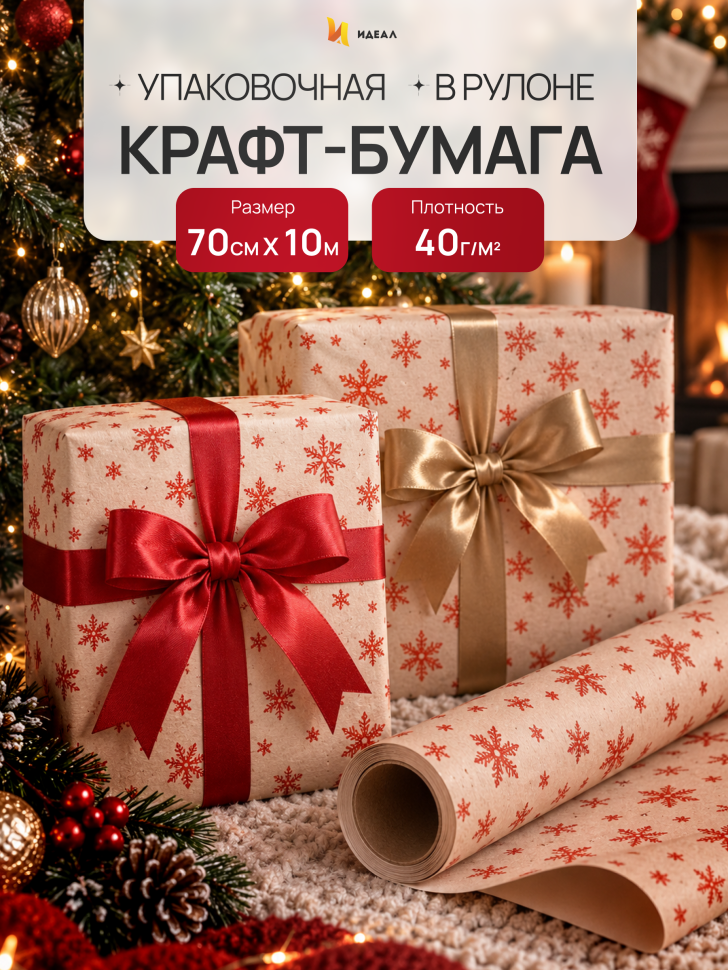 Бумага крафт 40г/м2, 70см x 10м, Снежинка NEW, красный