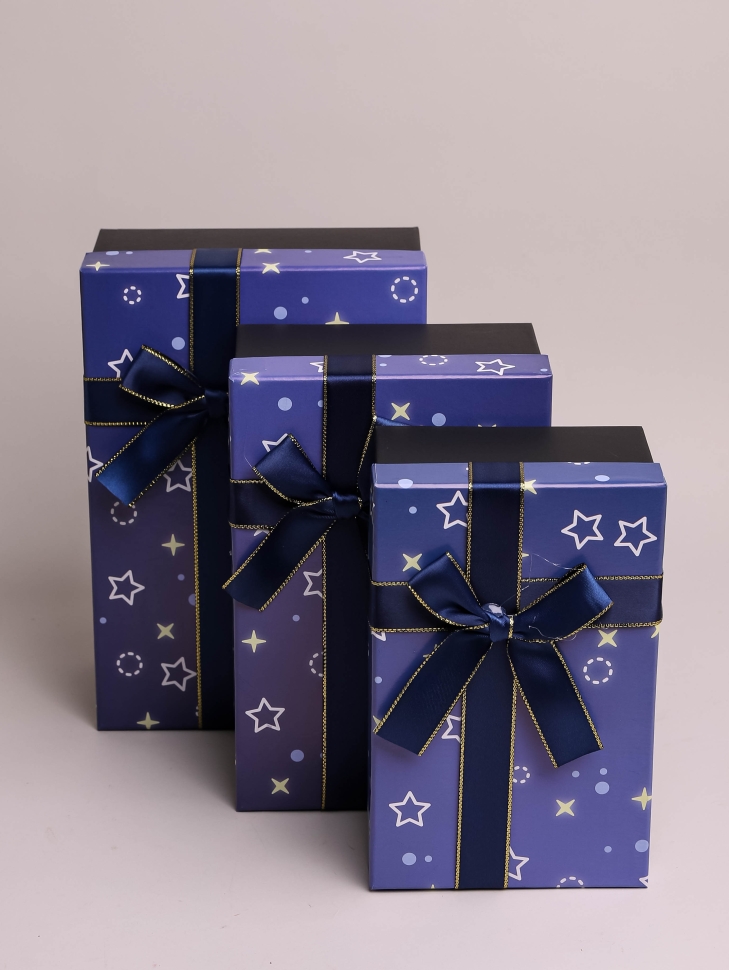 Коробка прямоугольник набор из  3шт 23х16х9см звезды с бантом синий