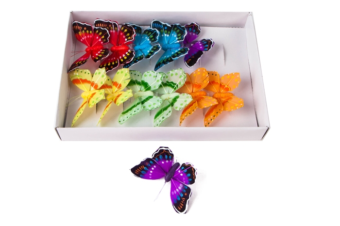 Бабочки  8см на прищепке, 12шт. цветные 16234