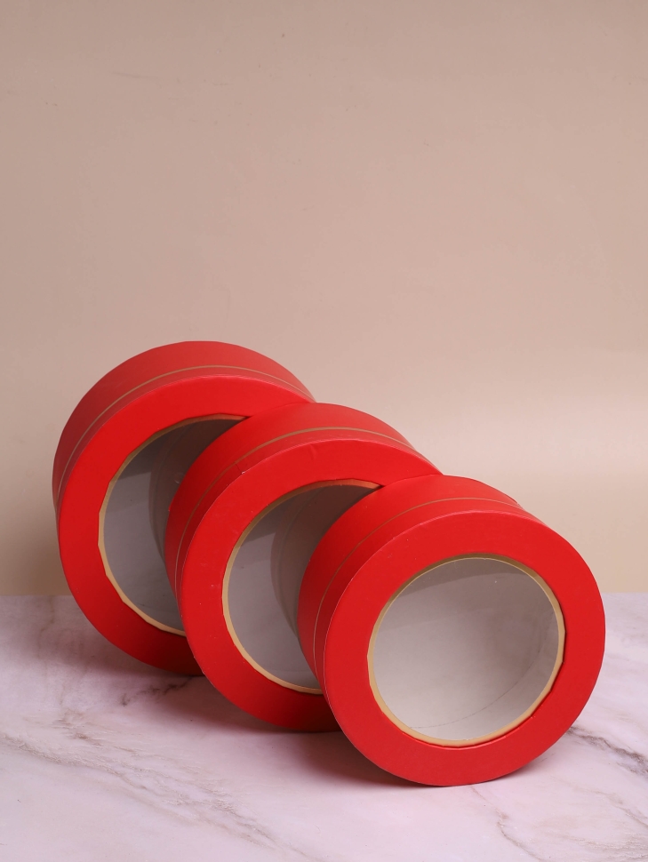 Коробка цилиндр набор из  3шт d22хh12 - d18,5-h8,5см с прозрачной крышкой красный