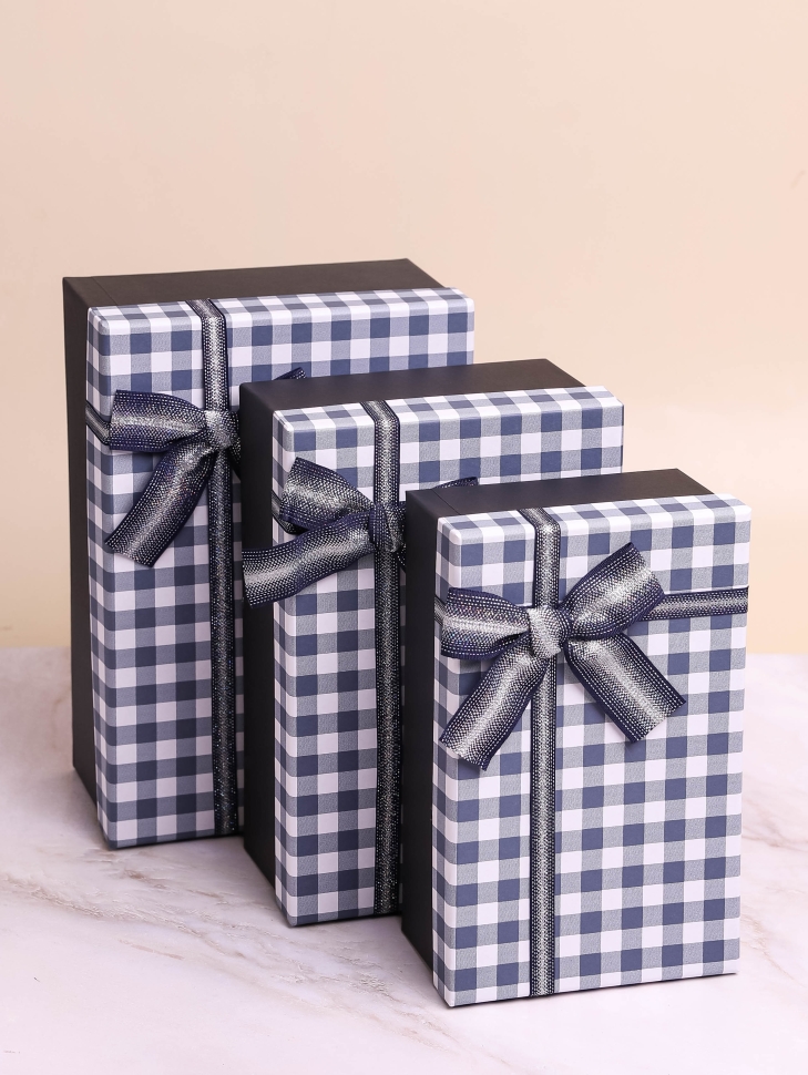 Коробка прямоугольник набор из  3шт 23х16х9см клетка с бантом черный