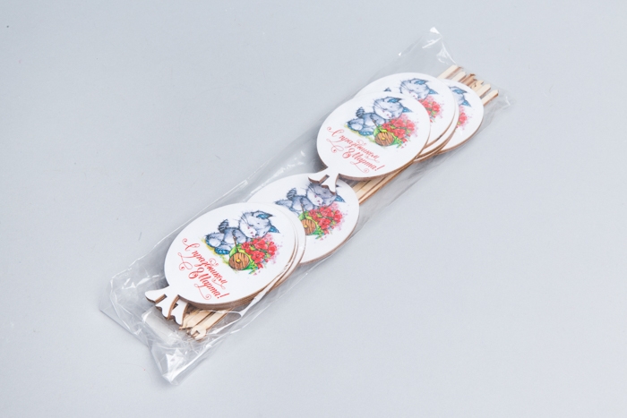 Вставка деревянная  Шар 7,5х10,5см 10шт С Днем 8 Марта! Кот с тележкой С Праздником Ш53