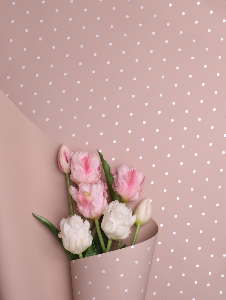 Пленка матовая 60мкм 58см х 10м горошек белый на капучино Пленка матовая 60мкм 58см х 10м горошек белый на капучино