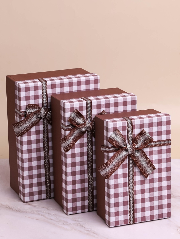 Коробка прямоугольник набор из 3шт 23х16х9см клетка с бантом коричневый Коробка прямоугольник набор из 3шт 23х16х9см клетка с бантом коричневый