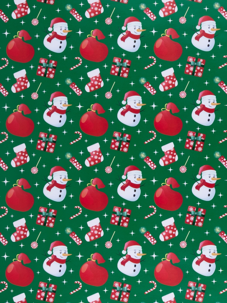 Бумага глянцевая НГ 68х98см, 10 лист Снеговик и мешок на зеленом