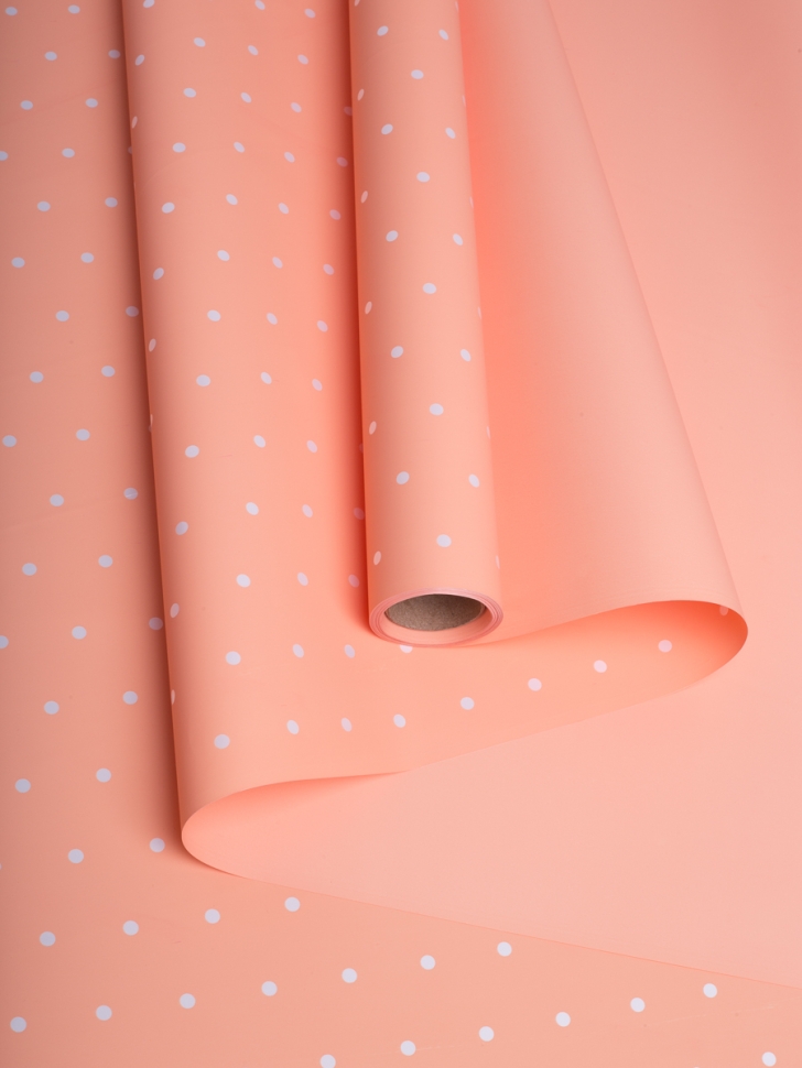 Пленка матовая 60мкм 58см х 10м горошек белый на оранжевом пастель