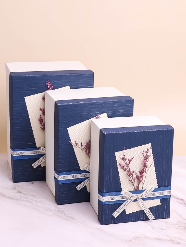 Коробка прямоугольник набор из  3шт 26х19х15см сухоцветы белый/синий