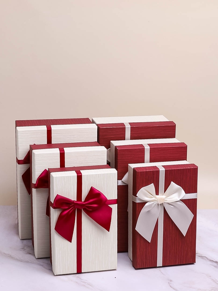 Коробка прямоугольник набор из 3шт 23х16х9,8см с бантом белый/винный микс Коробка прямоугольник набор из 3шт 23х16х9,8см с бантом белый/винный микс