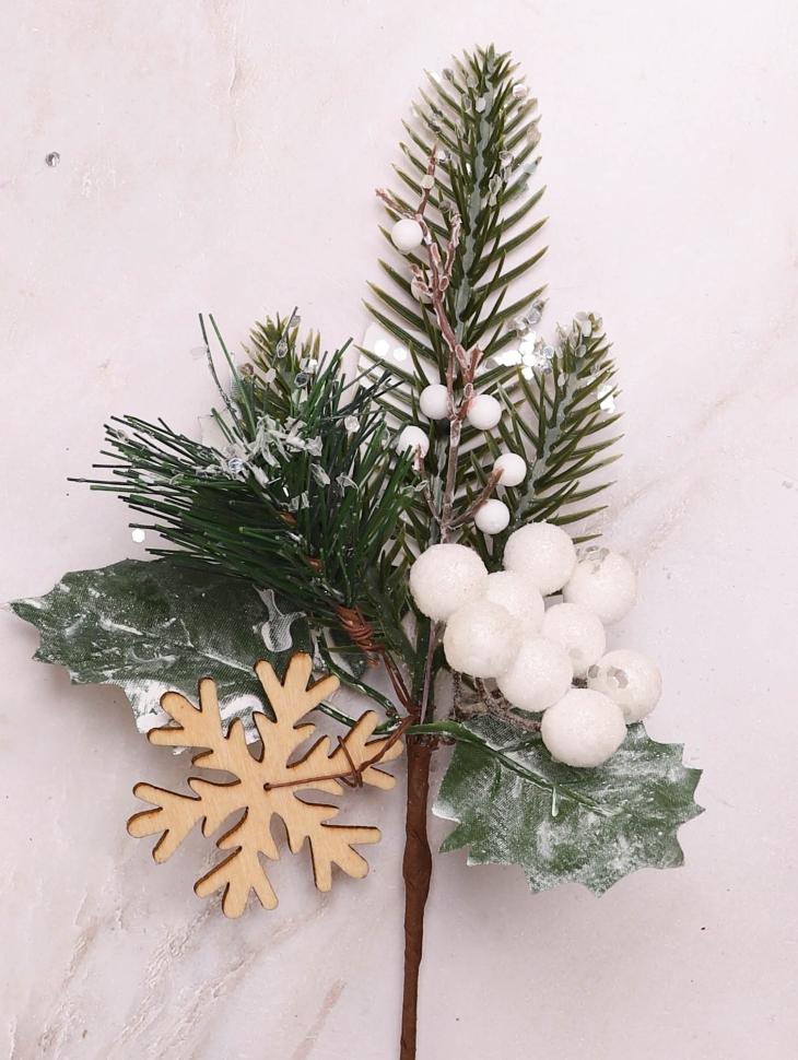 ИЦ Ветка новогодняя 26см белые шарики/снежинка