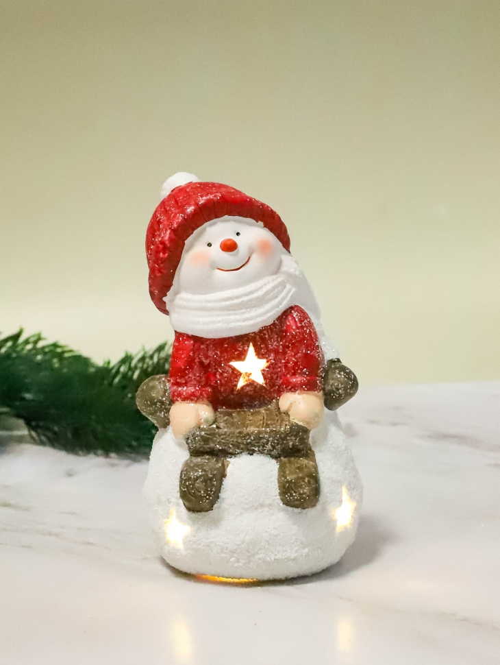 Фигурка декоративная НГ  8,8х8,8х14,6 с подсветкой Снеговик белый/красный микс